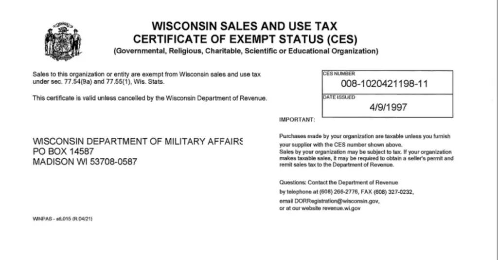 A screenshot of the Wisconsin Sales and Use Tax Certificate of Exempt Status (CES)