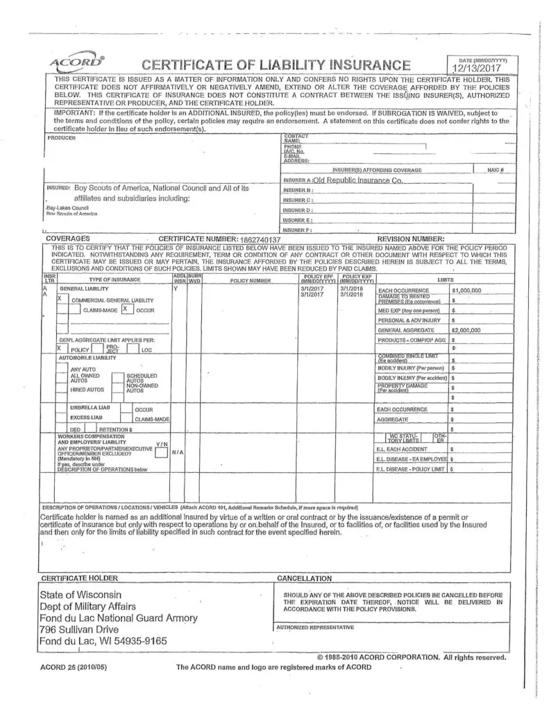 This is an example of an Insurance Document for Boy Scouts Page 1