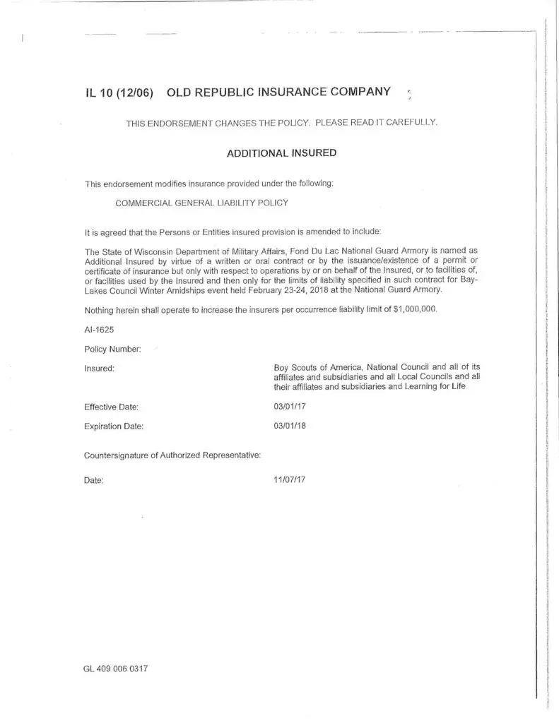 This is an example of an Insurance Document for Boy Scouts Page 2