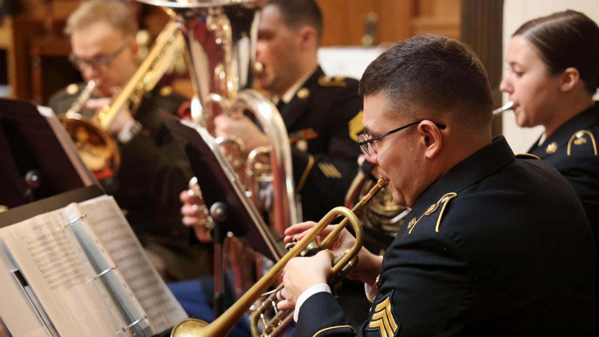A marching band playing at an event