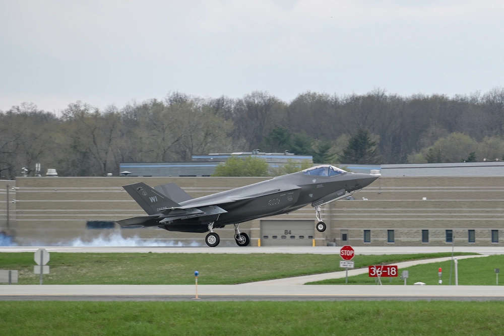 An F-35 taking off on a runway