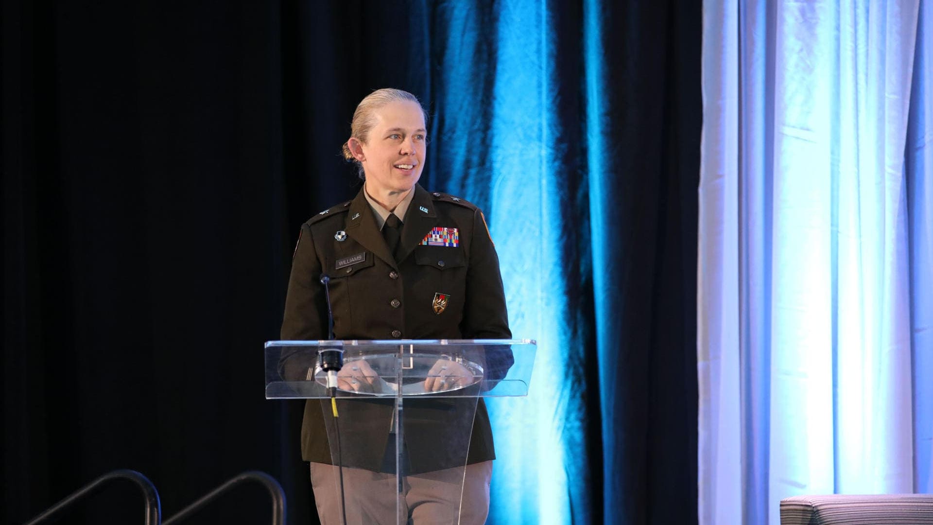 U.S. Army Brigadier General Terin Williams, Vice Director of Operations (cyber), National Guard Bureau, addresses attendees of the Wisconsin Governor’s Cybersecurity Summit at the Fox Cities Exhibition Center in Appleton, Wis., on Oct. 28, 2024. The Wisconsin Governor’s Cybersecurity Summit is an opportunity for professionals to broaden their awareness of cybersecurity threats, and learn how the industry continues to proactively meet challenges and protect the virtual world. (U.S. Army National Guard Photo by Staff Sgt. Payton Wehr)