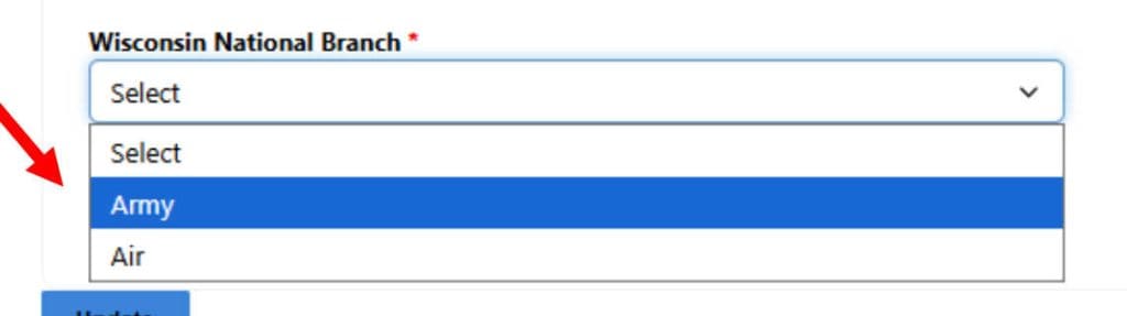 A screenshot for Wisconsin National Guard Branch with an arrow pointing to the select dropdown.
