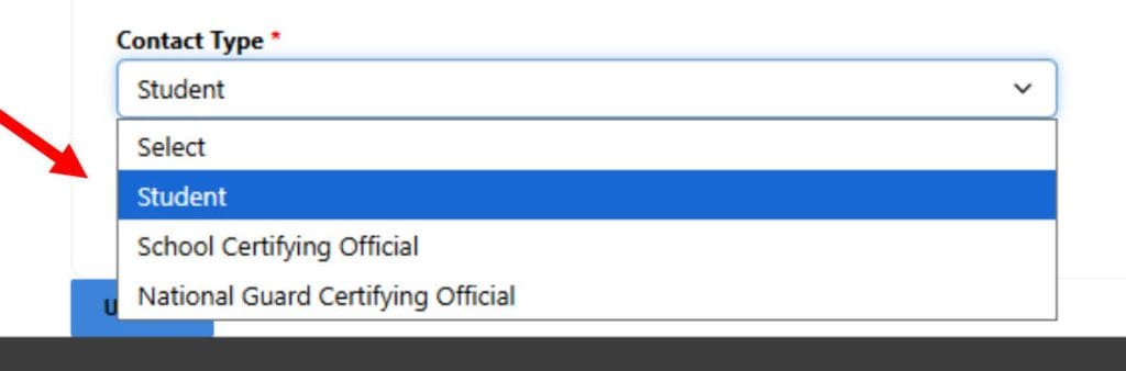 A screenshot of the Contact Type dropdown with an arrow pointing at Student