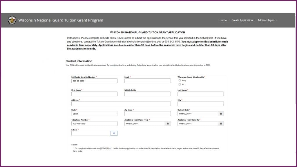A screenshot of the create an application form page
