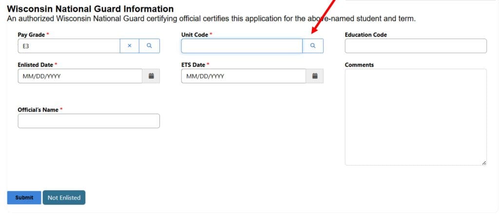 A screenshot of a national guard info form