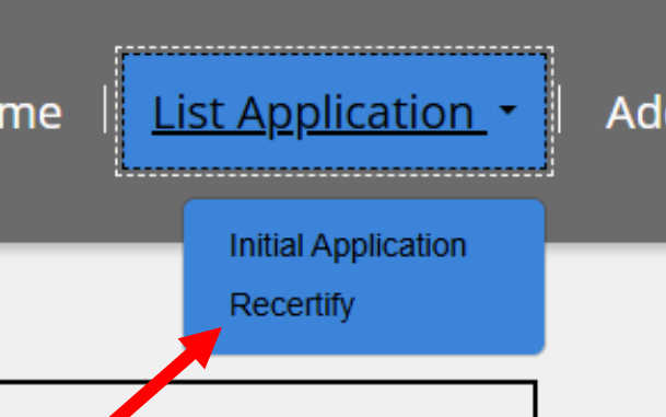 A screenshot of a dropdown menu item with an arrow pointing at "Recertify"