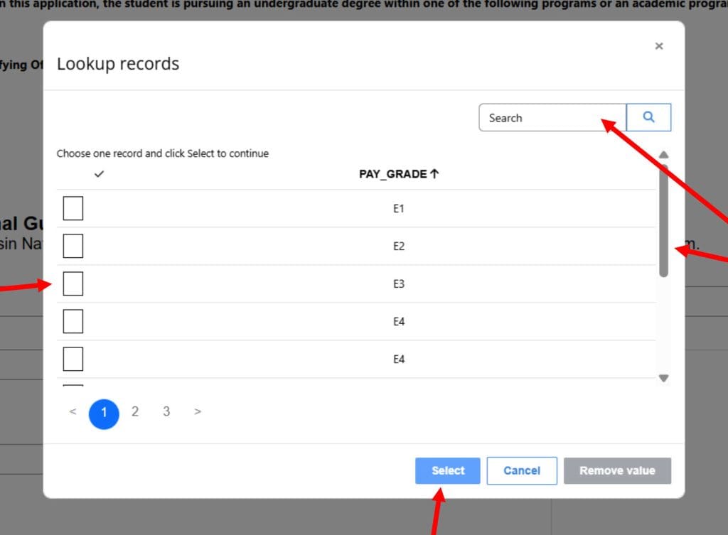 A screenshot of records lookup with arrows