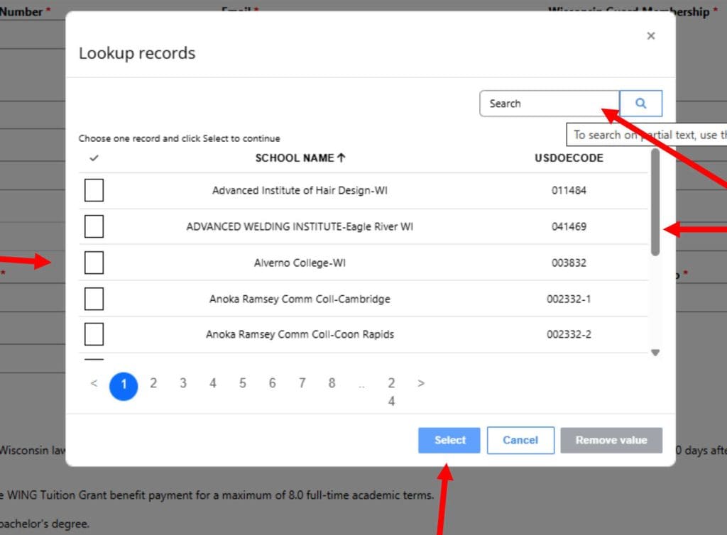 A screenshot of the school lookup window