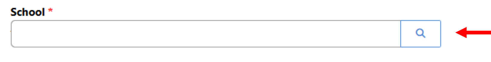 an arrow pointing to the magnifying glass next to a school name input field