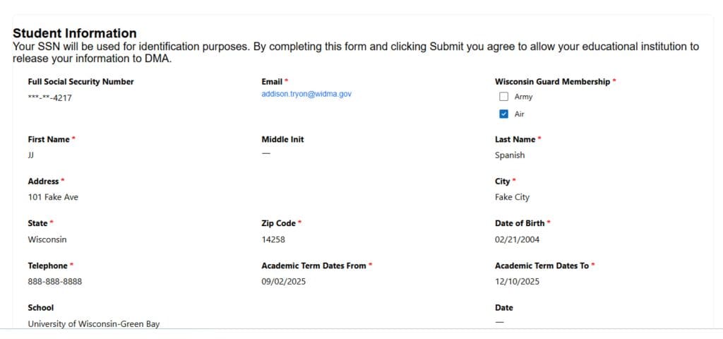a screenshot of the student information page
