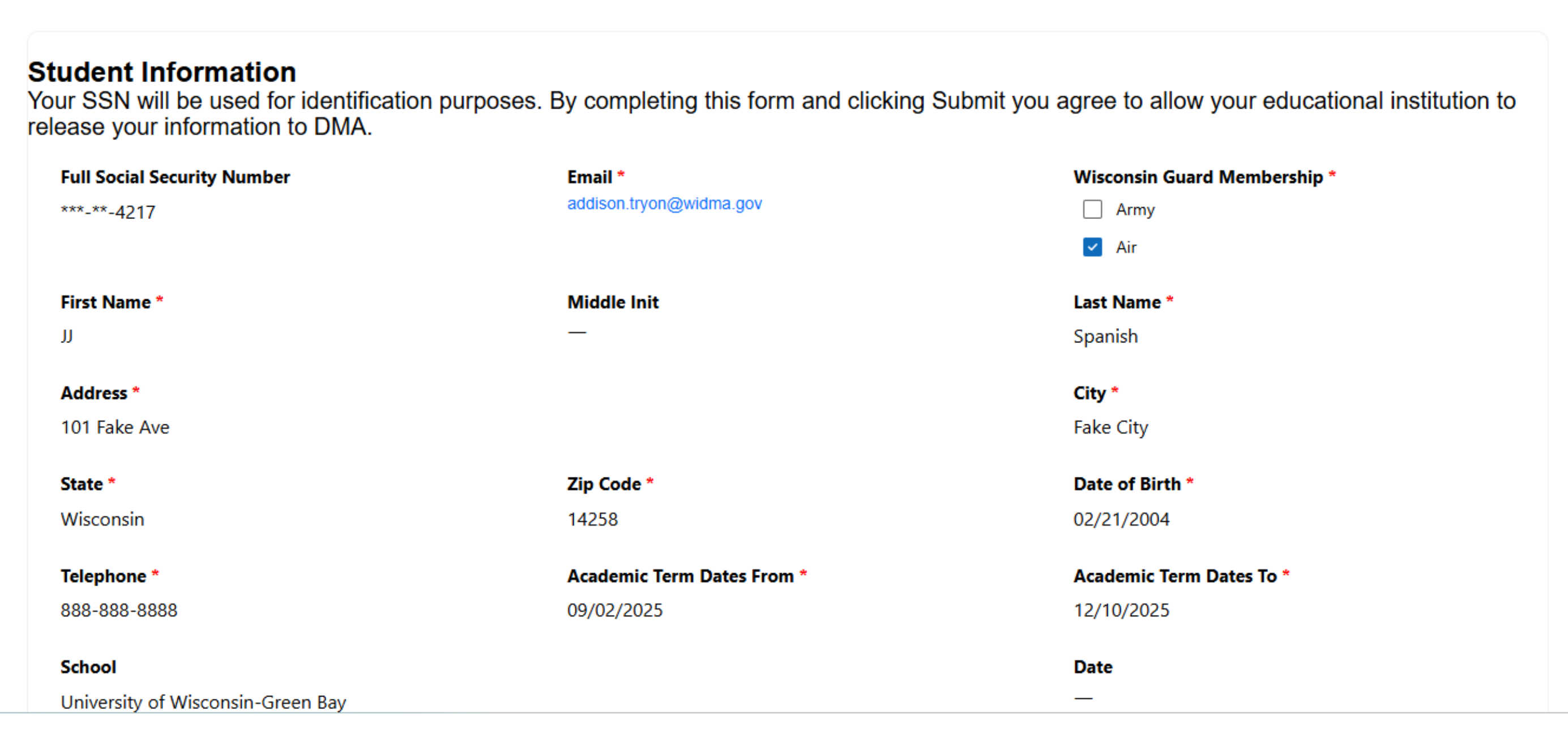 a screenshot of the student information page
