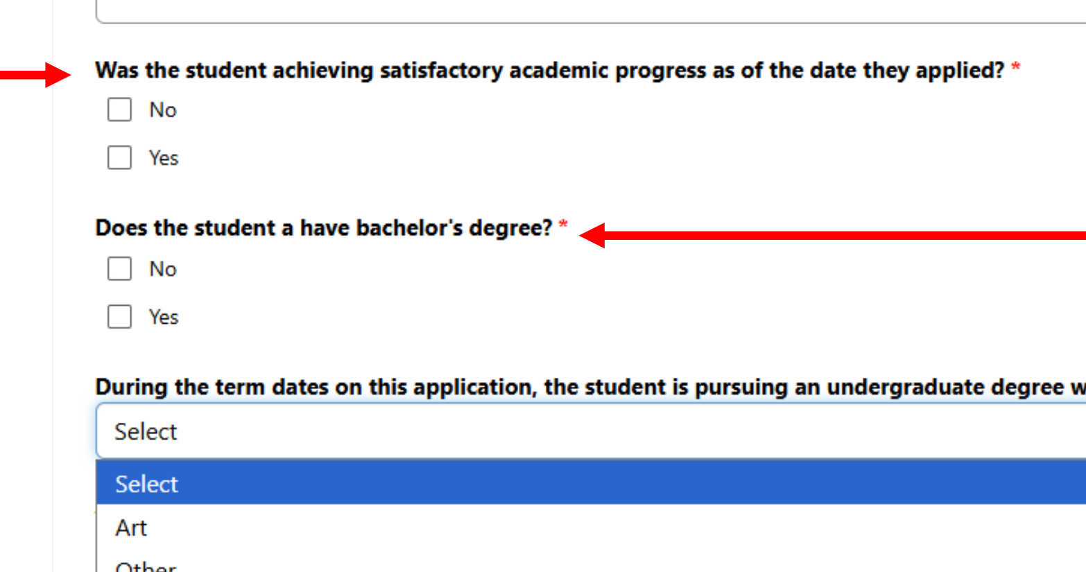 Two arrows pointing at fields on a webform