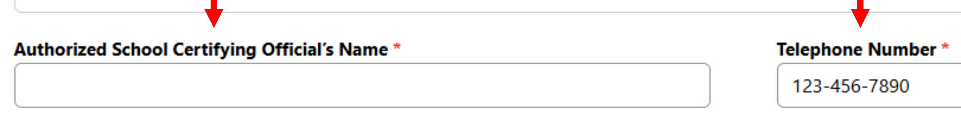 a screenshot showing two files on the webform, Authorized school certifying official's name and phone number