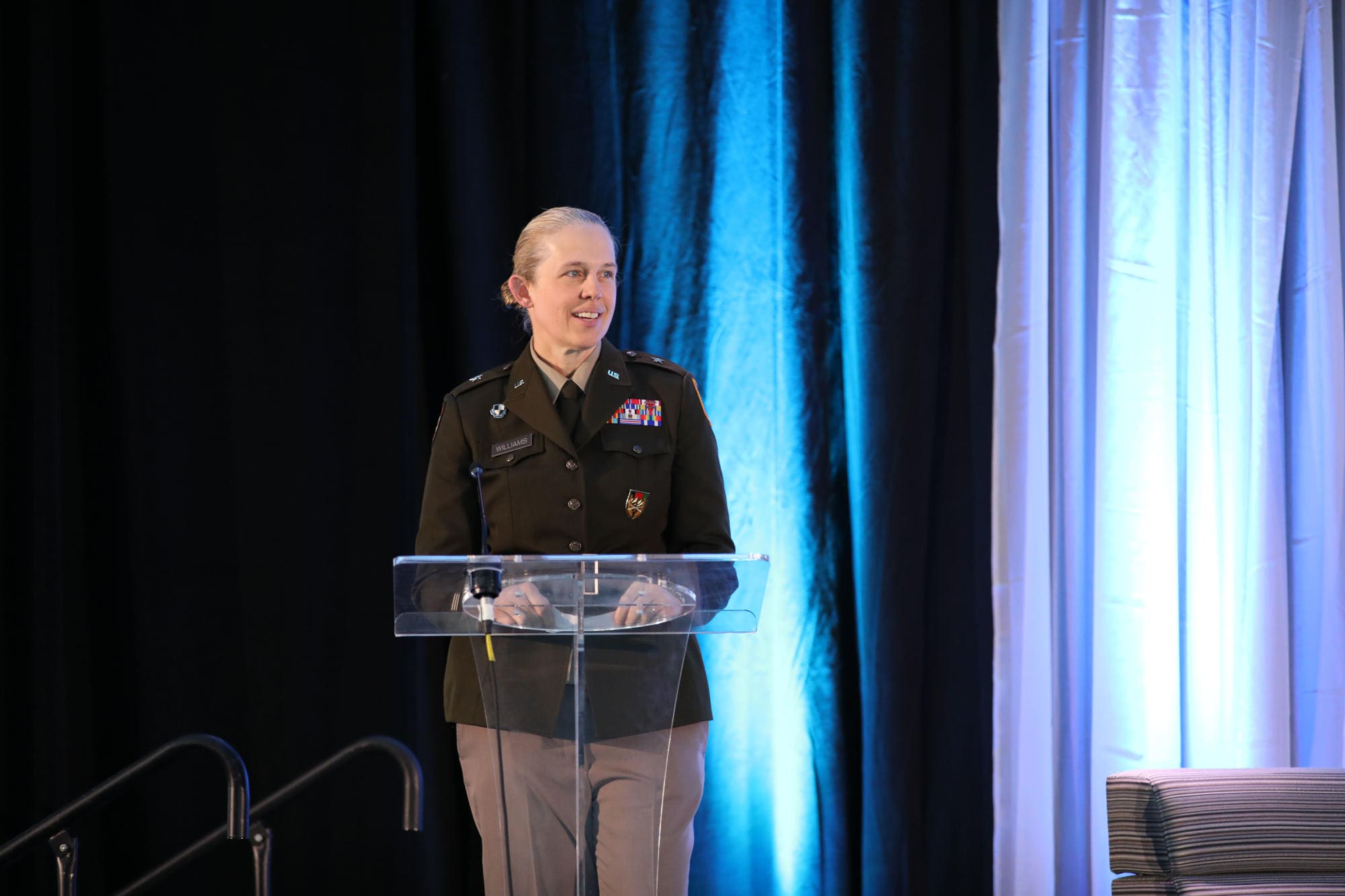 U.S. Army Brigadier General Terin Williams, Vice Director of Operations (cyber), National Guard Bureau, addresses attendees of the Wisconsin Governor’s Cybersecurity Summit at the Fox Cities Exhibition Center in Appleton, Wis., on Oct. 28, 2024. The Wisconsin Governor’s Cybersecurity Summit is an opportunity for professionals to broaden their awareness of cybersecurity threats, and learn how the industry continues to proactively meet challenges and protect the virtual world. (U.S. Army National Guard Photo by Staff Sgt. Payton Wehr)