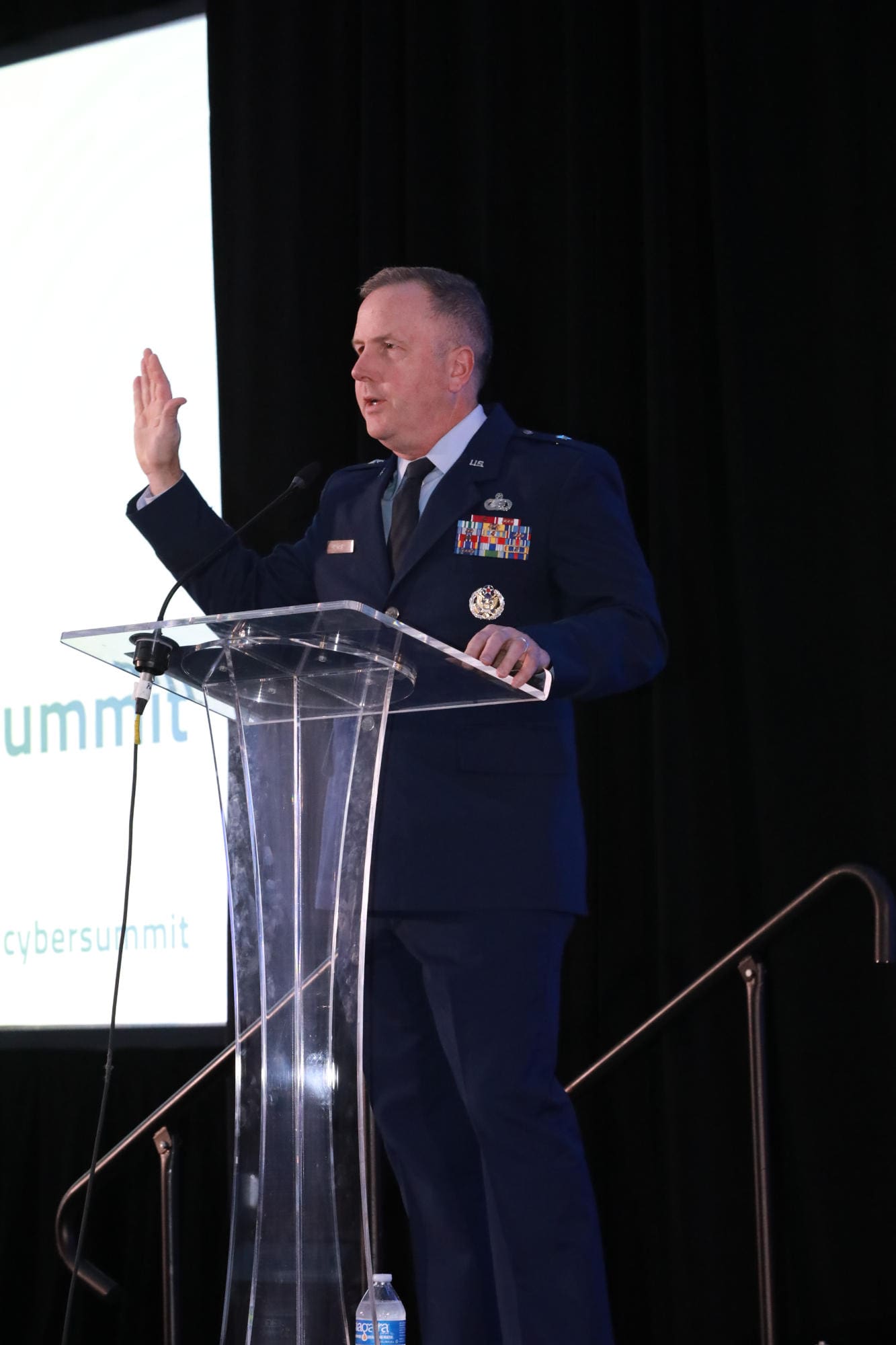 Wisconsin interim Adjutant General, Brigadier General David May, gives the opening remarks for day two of the Wisconsin Governor’s 2024 Cybersecurity Summit at the Fox Cities Exhibition Center in Appleton, Wis., on Oct. 29. The Wisconsin Governor’s Cybersecurity Summit is an opportunity for professionals to broaden their awareness of cybersecurity threats, and learn how the industry continues to proactively meet challenges and protect the virtual world. (U.S. Army National Guard photo by Staff Sgt. Amber Peck)